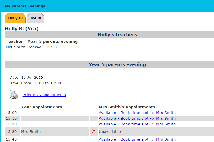 parents evening booking system - parent view